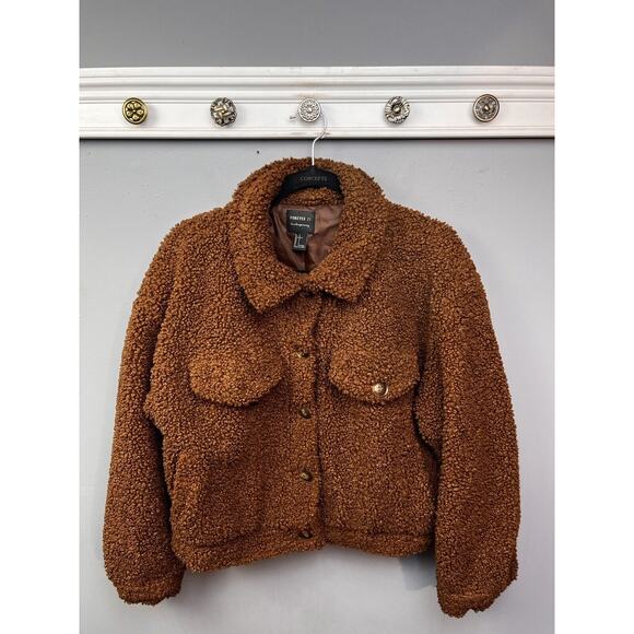 Forever 21 Sherpa Teddy Bear Jacket Coat Womens Large Brown Button pockets - Picture 1 of 8